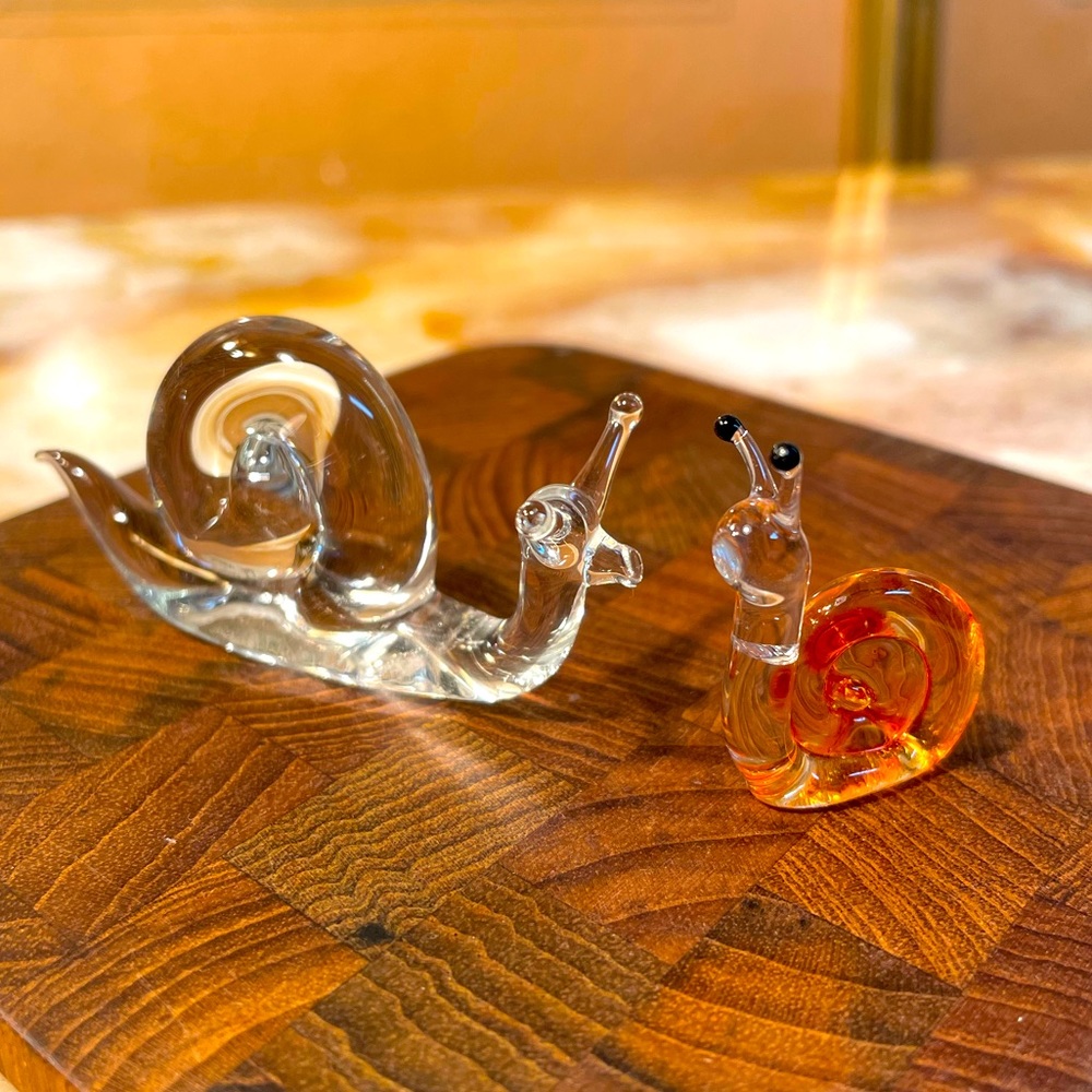 Vintage Art Glass Snail Figurine Miniatures PAIR Clear Glass Orange